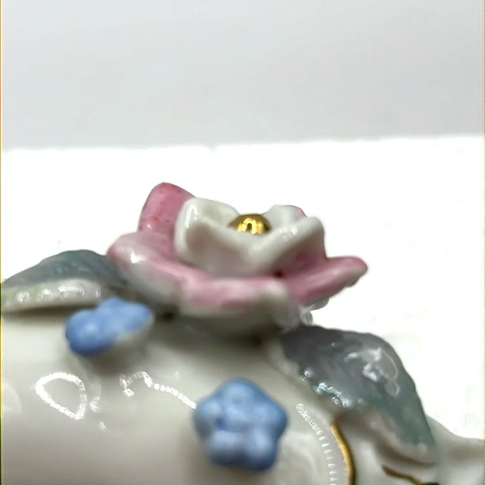 Pink and Blue Floral Porcelain Basket Gold Tone Mini